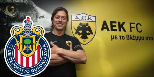 Almeyda en el AEK Y escudo de Chivas/FOTO: Récord