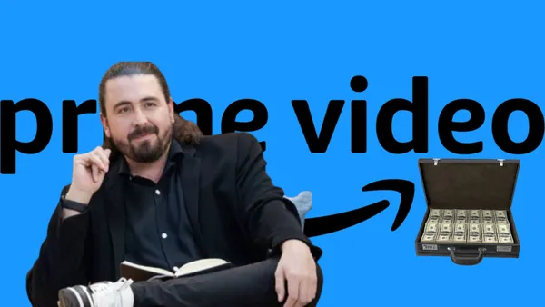 Amaury Vergara delante del Logo de Prime Video y con maletín con dinero