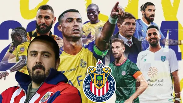 Amaury y el Escudo de Chivas con las figuras del fútbol árabe