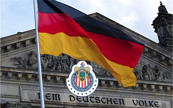Bandera de Alemania, abajo de la bandera el escudo de Chivas / Círculo de Empresarios
