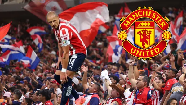 Chicharito con la afición de Chivas y logo del Manchester United
