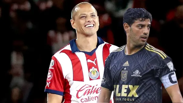 Chicharito sonriendo y Vela concentrado