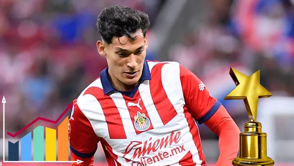 Chiquete con la playera de Chivas, estadísticas y trofeo dorado