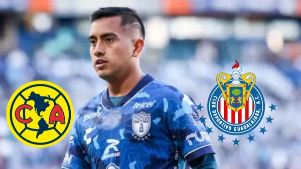 Chiquito entre los logos de Chivas y América
