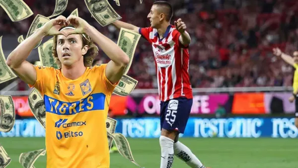 Córdova delante de billetes y el Piojo con la de Chivas