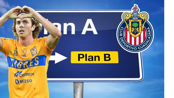 Córdova festejando con Tigres y escudo de Chivas