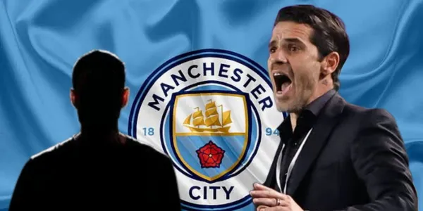 Fernando Gago y al fondo el escudo del Manchester City / Foto Imago7