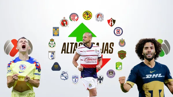 Fidalgo, Chicharito y Huerta con los escudos de los equipos de la Liga Mx