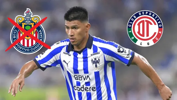 Gallardo con Monterrey y el escudo de Chivas y Toluca