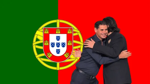 Hierro y Amaury se abrazan frente a bandera de Portugal