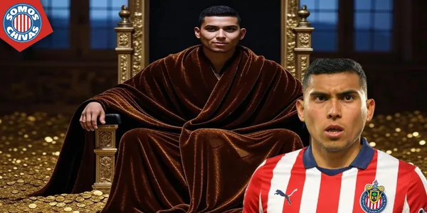 Ilustración de Orbelín Pineda con monedas de oro y la playera de Chivas (Fuente: GROK de X)