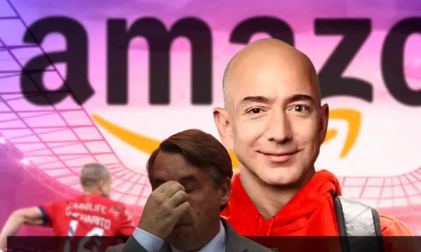 Jeff Bezos con un fondo de estadio y Emilio Azcárraga / El Futbolero