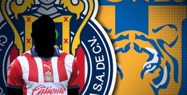 Jugador incógnito de Chivas junto a escudos de Chivas y Tigres / FOTO SOY FÚTBOL
