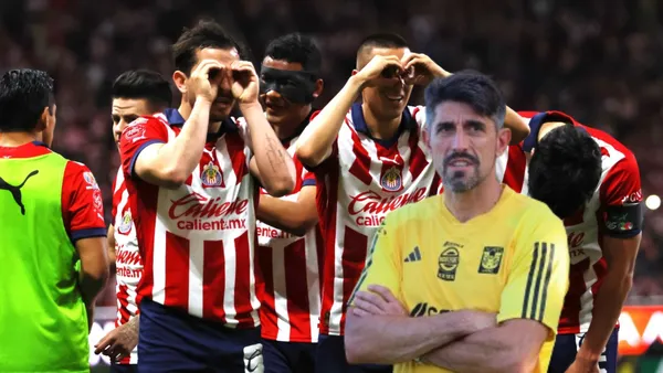 Jugadores de Chivas celebrando y Pauno con Tigres