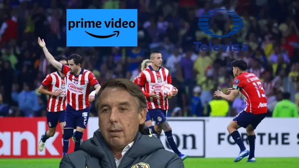 Jugadores de Chivas con Azcárraga y los logos de Televisa y Amazon