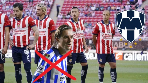 Jugadores de Chivas con el escudo de Monterrey y escudo de Rayados