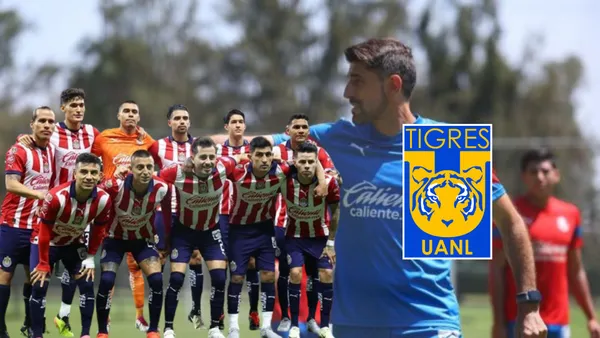Jugadores de Chivas con Pauno y el escudo de Tigres