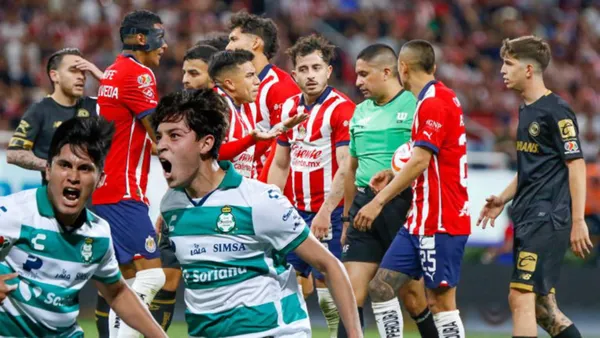 Jugadores de Chivas peleando con el arbitro y jugadores de Santos