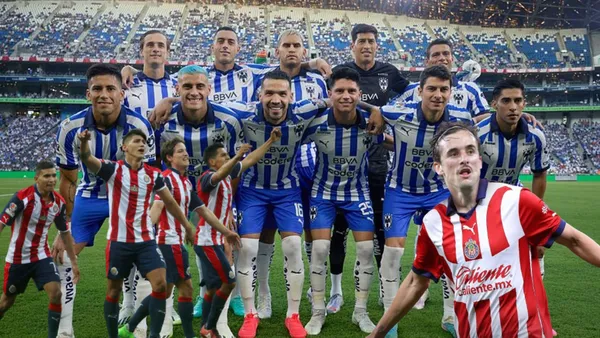 Jugadores de rayados con jugadores de Chivas y Cortizo con la del rebaño