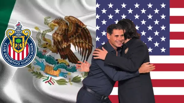 Logo de Chivas, Hierro y Amaury se abrazan y las banderas de México y Estados Unidos