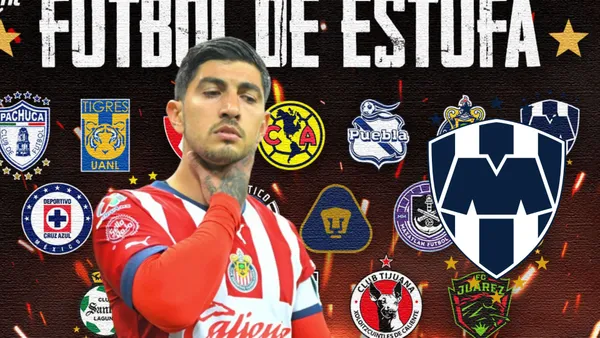 Pocho Guzmán con el logo de Rayados y de los clubes de la Liga MX