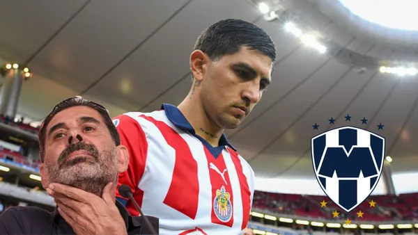 Pocho Guzmán mirando al suelo, Hierro y el logo de Rayados