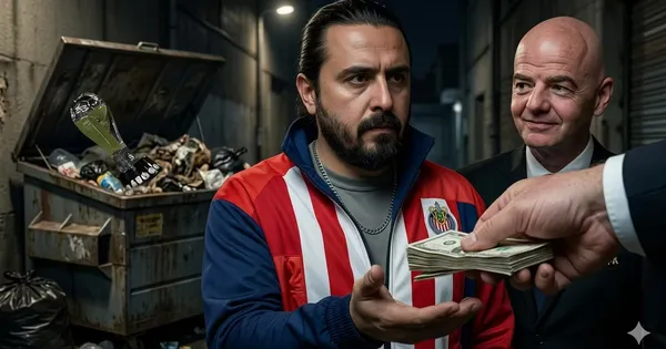 Ilustración digital de Amaury Vergara recibiendo dinero de FIFA