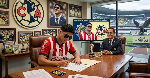 Ilustración digital de un jugador de Chivas firmando contrato para el Club América