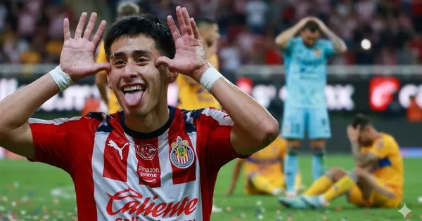 Santiago Sandoval festejando su gol con Chivas ( ilustración generada con IA)