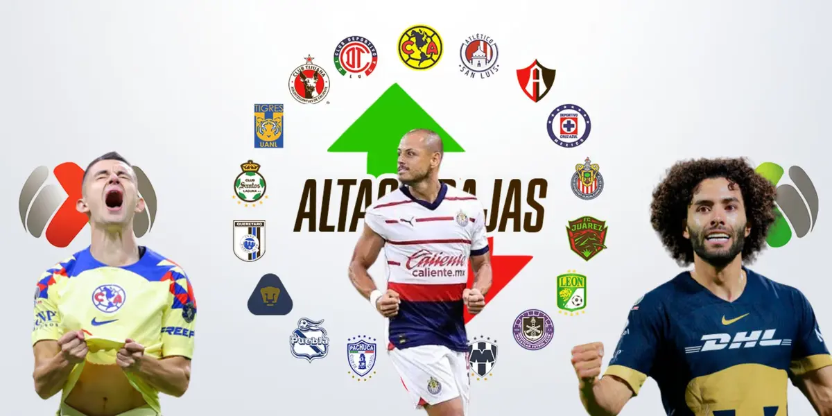 Fidalgo, Chicharito y Huerta con los escudos de los equipos de la Liga Mx