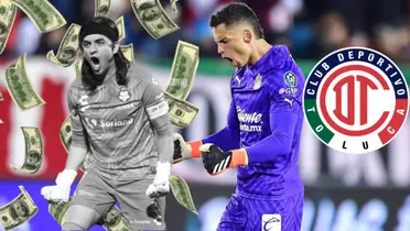 Acevedo delante de billetes y Whalley junto al logo de Toluca