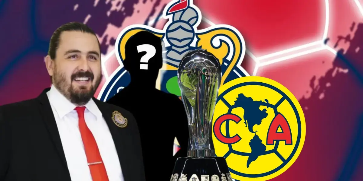 Amaury con DT secreto y el trofeo de la Liga Mx y escudos de Chivas y América/FOTO: Nación Fútbol