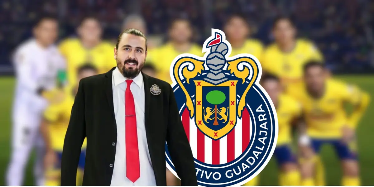 Amaury con el escudo de Chivas y jugadores de América/FOTO: ESPN