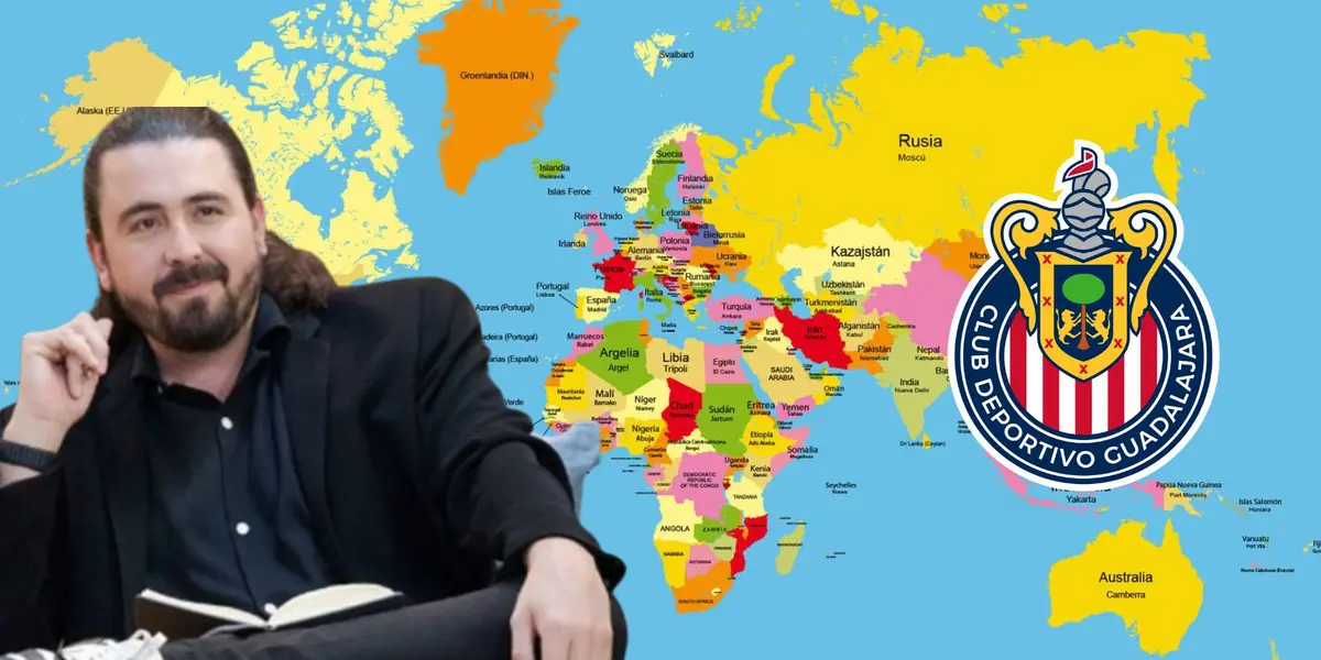 Amaury en un mapa mundial y el logo de Chivas