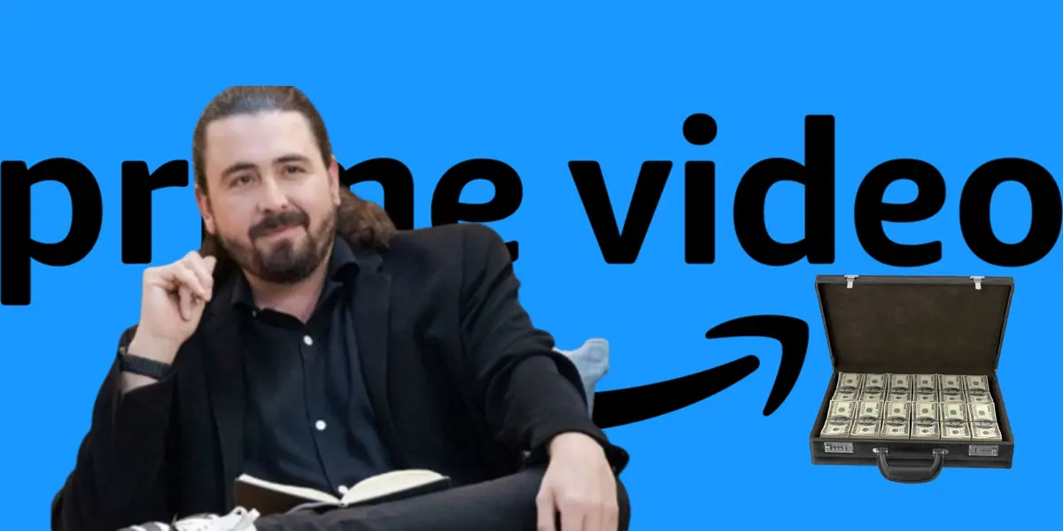 Amaury Vergara delante del Logo de Prime Video y con maletín con dinero