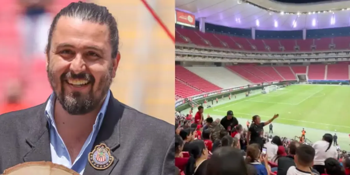 Amaury Vergara recibe un premio, a la derecha, gente de seguridad saca a aficionados que protestan (Fuente: Chivas y Andrea Valle)