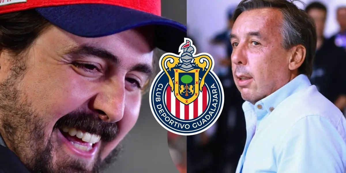 Amaury Vergara sonríe, en el medio escudo de Chivas y Emilio Azcárraga mirando / Somos Chivas
