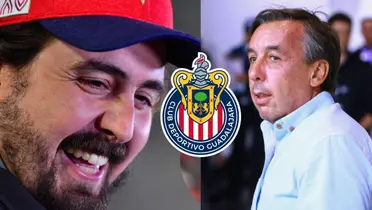 Amaury Vergara sonríe, en el medio escudo de Chivas y Emilio Azcárraga mirando / Somos Chivas