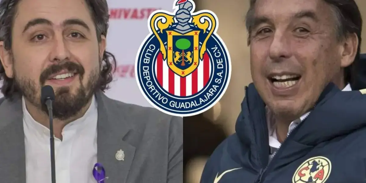 Amaury Vergara y Emilio Azcárraga junto con el escudo de Chivas / El Futbolero 