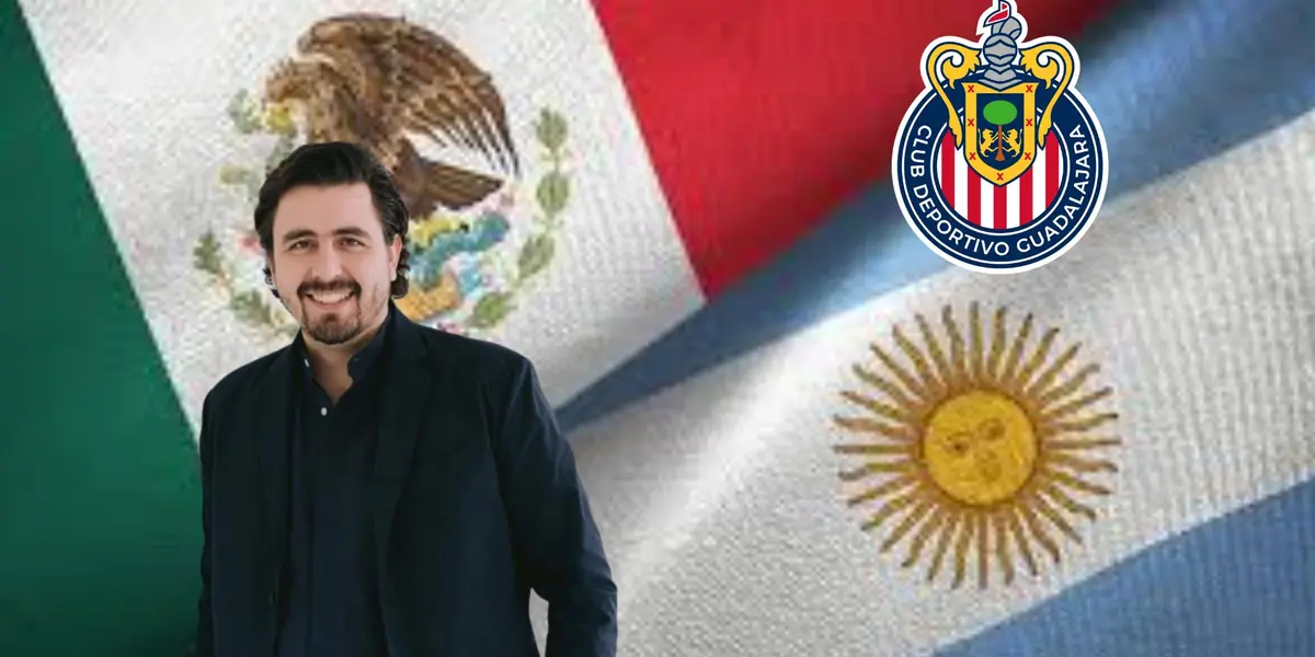 Amaury y el escudo de Chivas con la bandera de México y Argentina