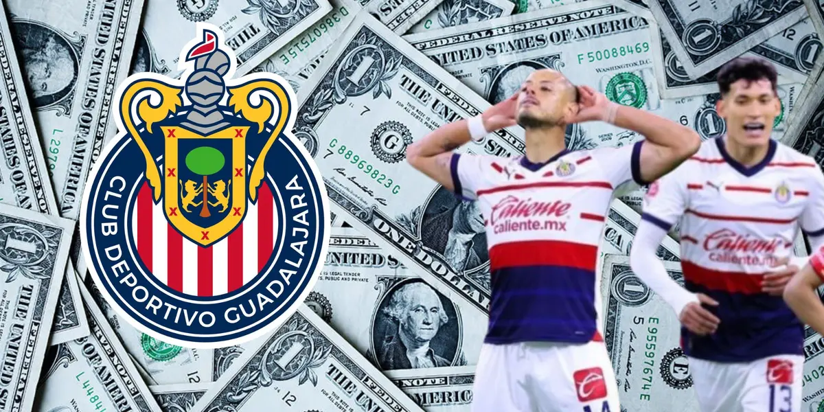 Chicharito celebrando y el escudo de Chivas