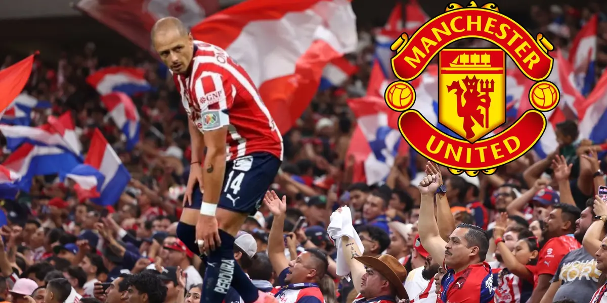 Chicharito con la afición de Chivas y logo del Manchester United
