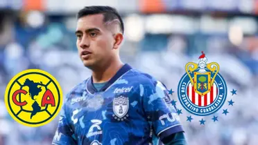 Chiquito entre los logos de Chivas y América
