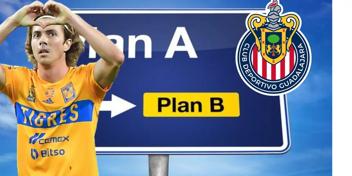 Córdova festejando con Tigres y escudo de Chivas