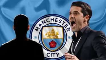 Fernando Gago y al fondo el escudo del Manchester City / Foto Imago7