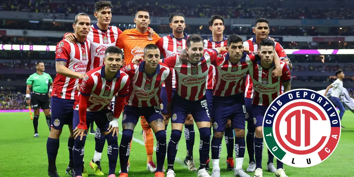 Foto de jugadores de Chivas y logo del toluca