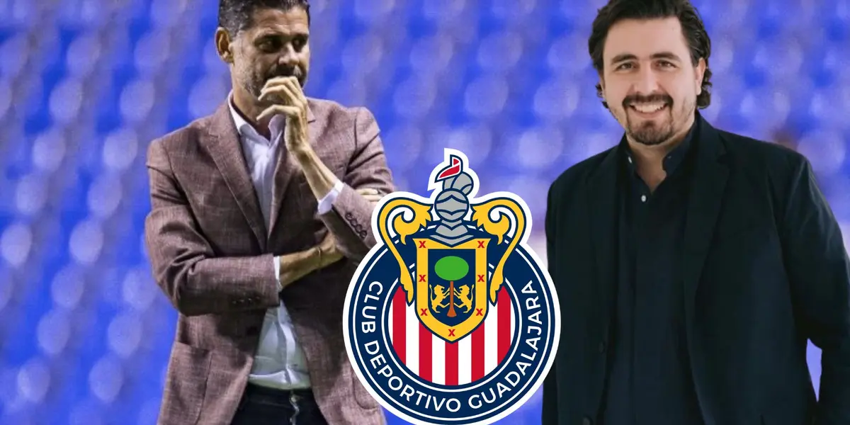 Hierro pensando y Amaury con el logo de Chivas