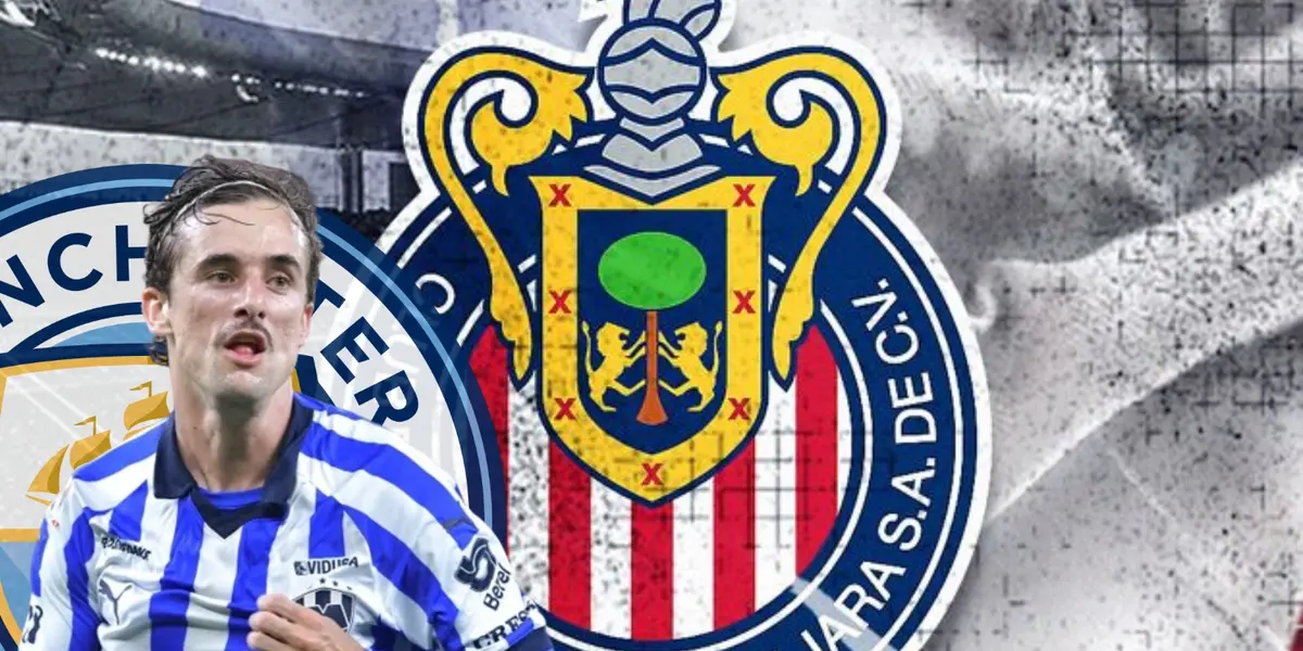 Jordi Cortizo junto al escudo del Manchester City y Chivas / FOTO GETTY IMAGES