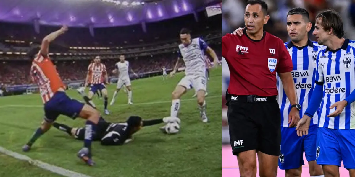 Jugada polémica, Rangel toca la pelota, mientras llega el delantero de Rayados (Fuente: Telemundo y Mexsports)