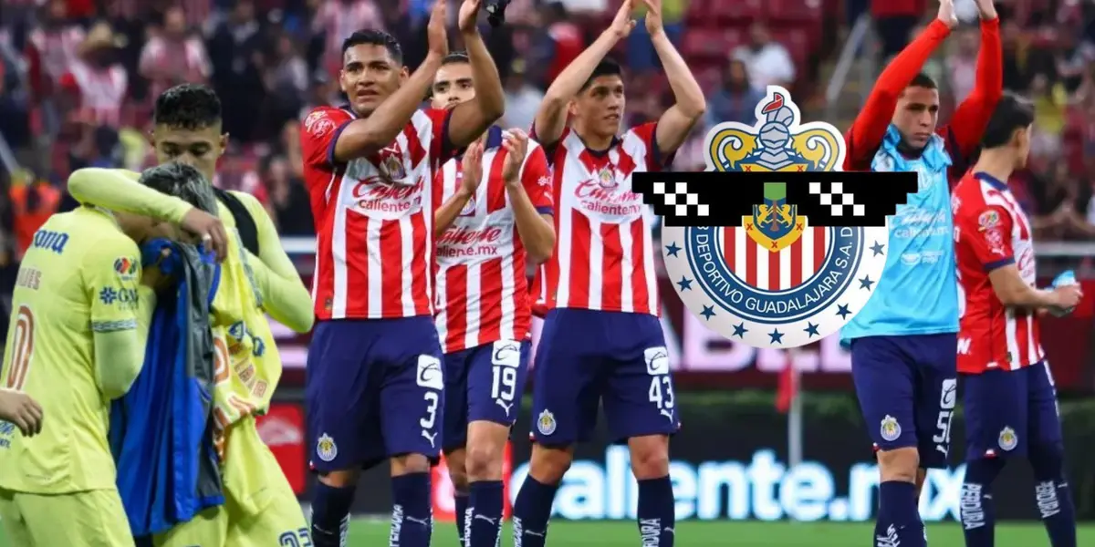 Jugadores de América se lamentan y jugadores de Chivas aplaudiendo con el logo del rebaño con lentes